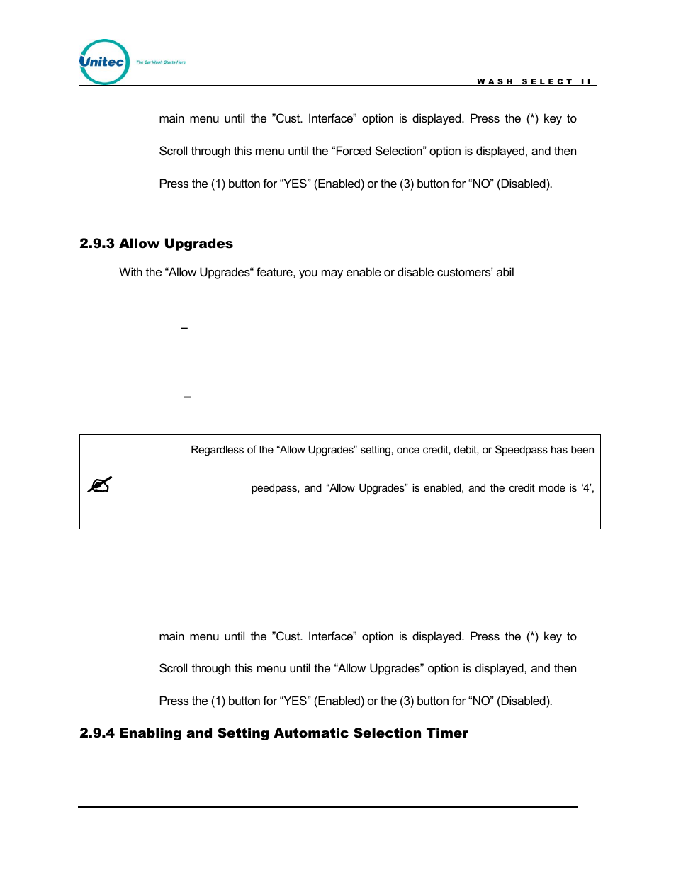 Allow upgrades, Enabling and setting automatic selection timer | Unitec Wash Select II POS Owner’s Manual User Manual | Page 73 / 214