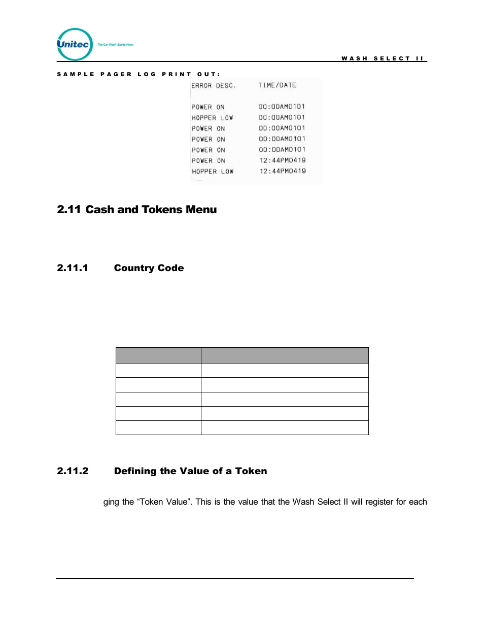 Cash and tokens menu, Country code, Defining the value of a token | Table 11. country codes, 11 cash and tokens menu, 1 country code, Country code country, 2 defining the value of a token | Unitec Wash Select II POS Owner’s Manual User Manual | Page 84 / 214