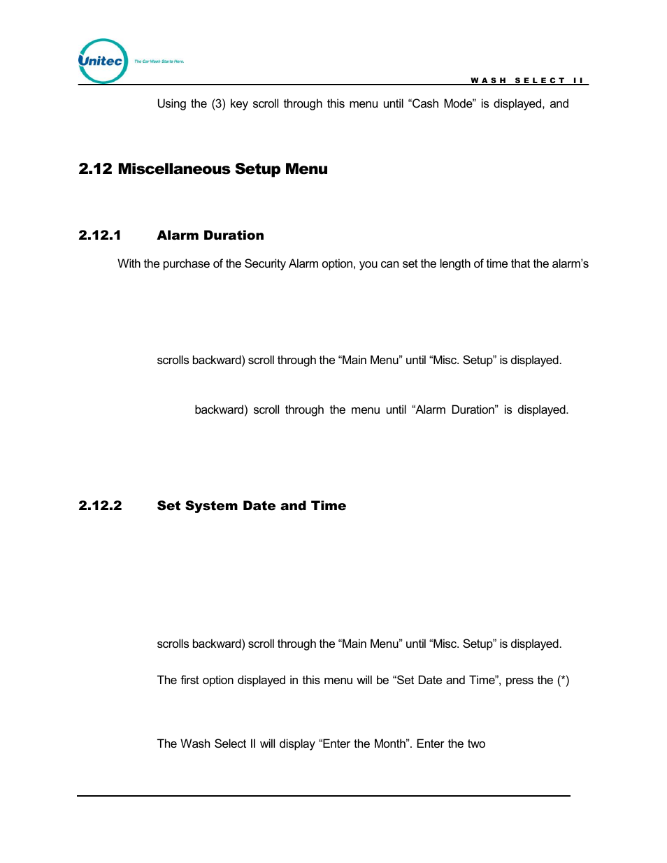 Miscellaneous setup menu, Alarm duration, Set system date and time | 12 miscellaneous setup menu | Unitec Wash Select II POS Owner’s Manual User Manual | Page 87 / 214
