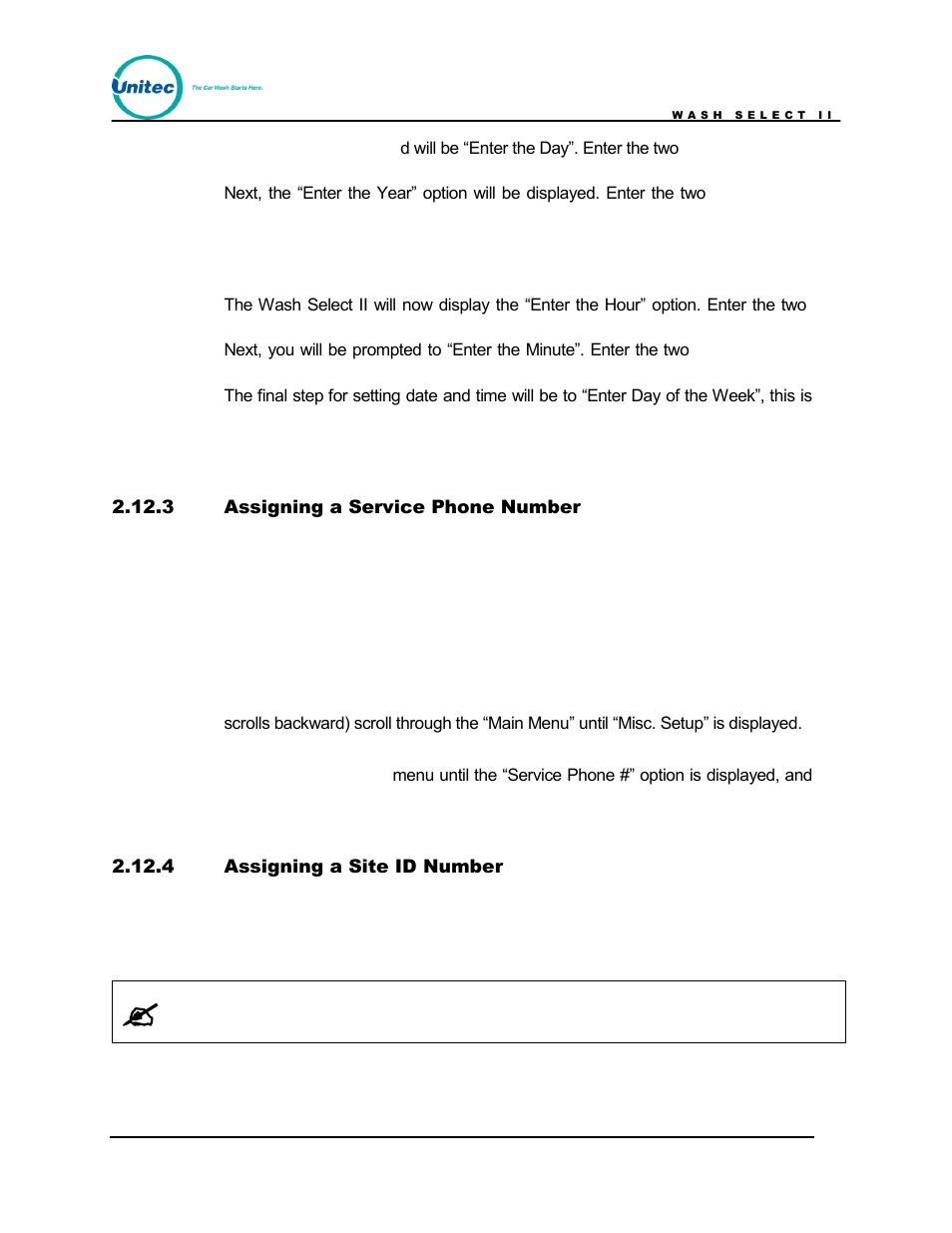 Assigning a service phone number, Assigning a site id number | Unitec Wash Select II POS Owner’s Manual User Manual | Page 88 / 214