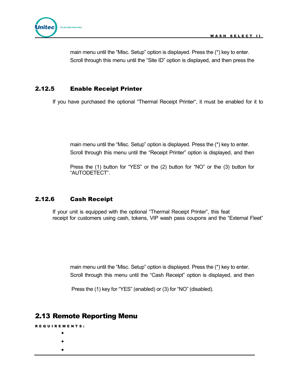Enable receipt printer, Cash receipt, Remote reporting menu | 13 remote reporting menu | Unitec Wash Select II POS Owner’s Manual User Manual | Page 89 / 214