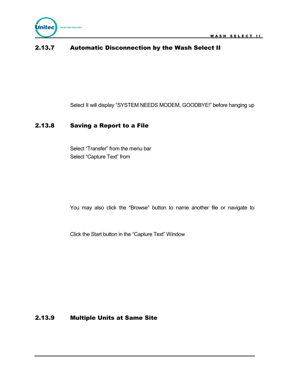 Automatic disconnection by the wash select ii, Saving a report to a file, Multiple units at same site | Unitec Wash Select II POS Owner’s Manual User Manual | Page 96 / 214