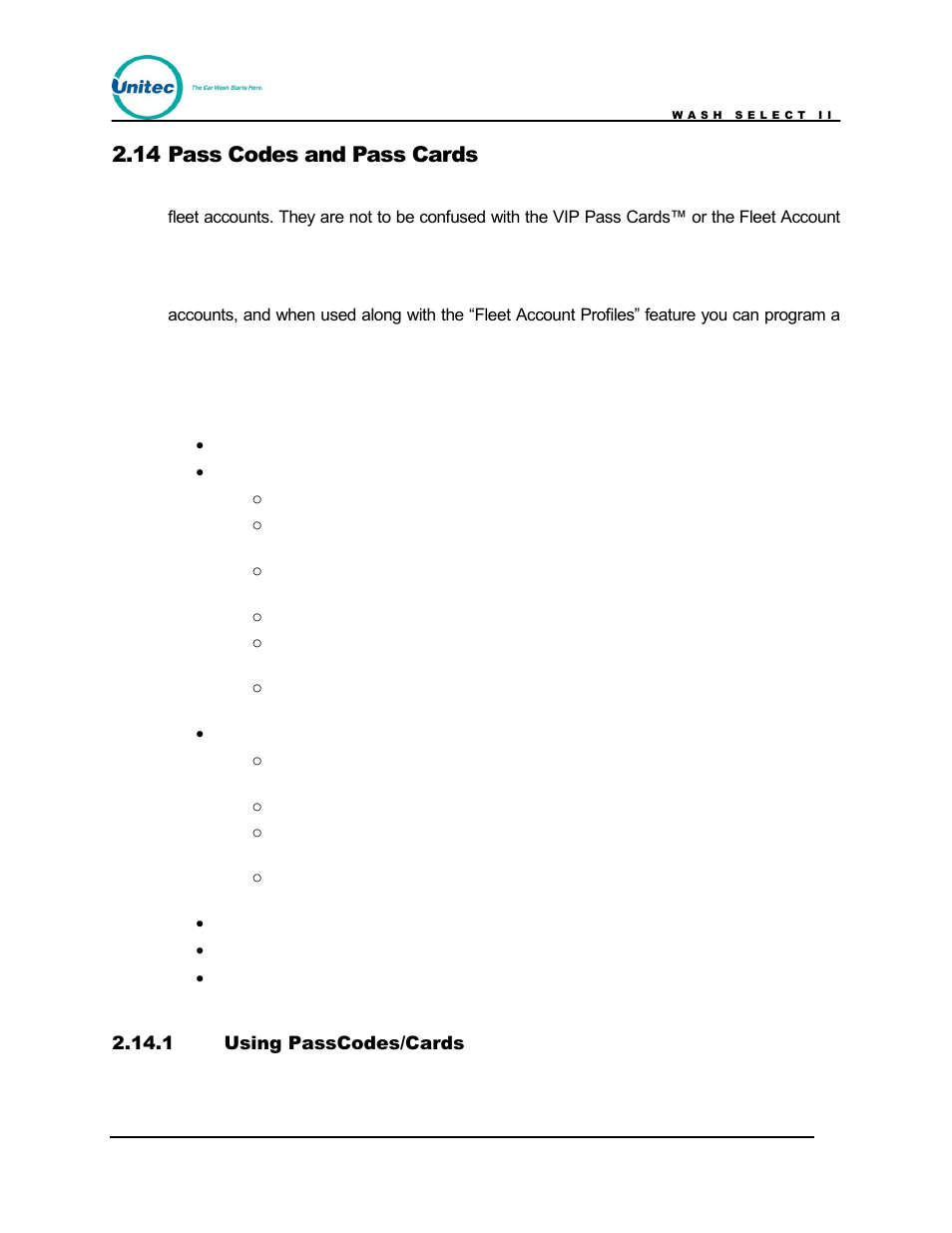 Pass codes and pass cards, Using passcodes/cards, 14 pass codes and pass cards | Unitec Wash Select II POS Owner’s Manual User Manual | Page 99 / 214