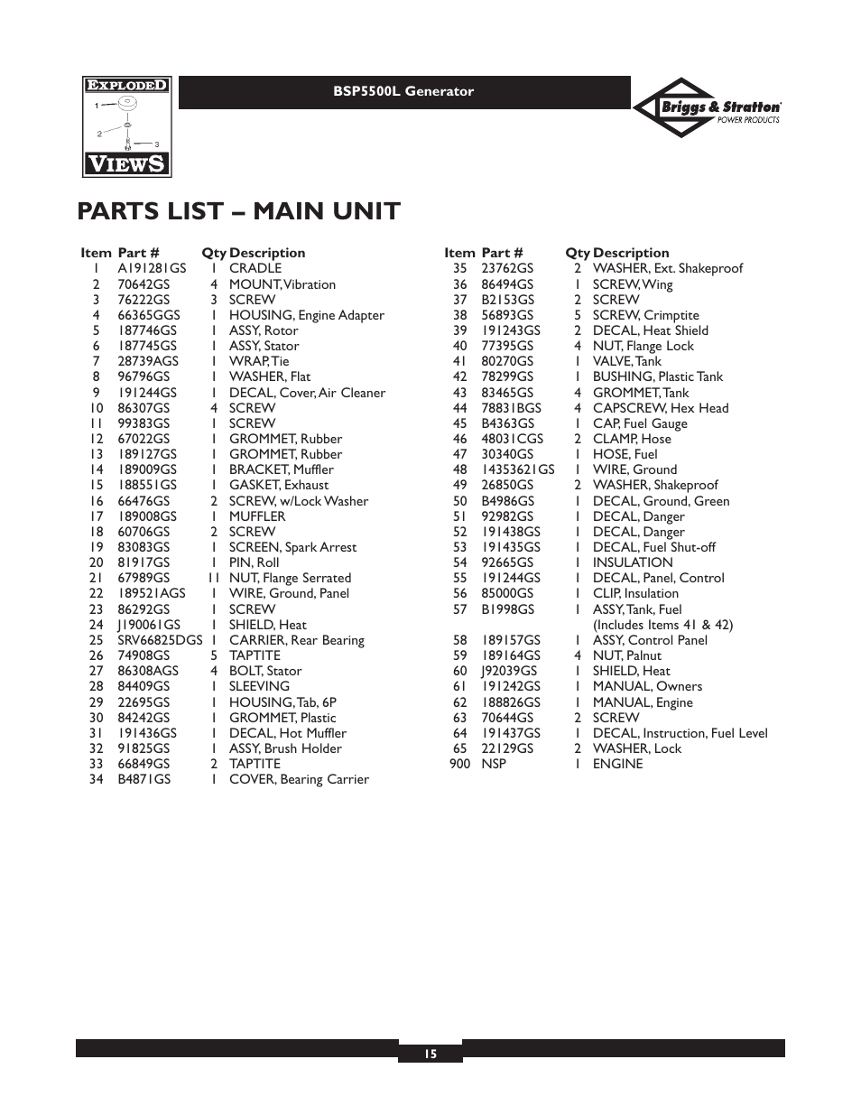 Parts list – main unit | Briggs & Stratton AC GENERATOR bsp5500l User Manual | Page 15 / 40