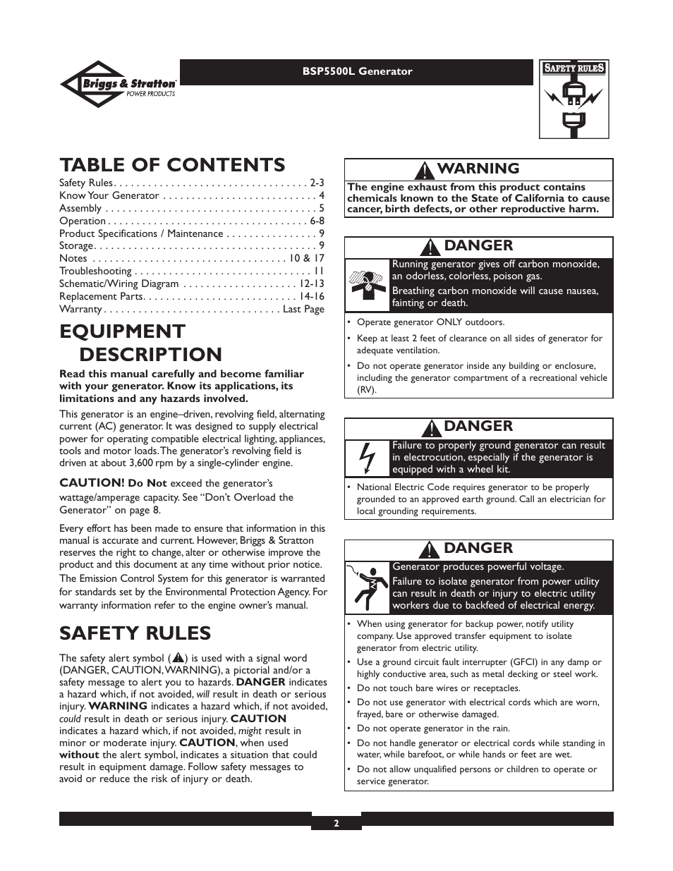 Briggs & Stratton AC GENERATOR bsp5500l User Manual | Page 2 / 40