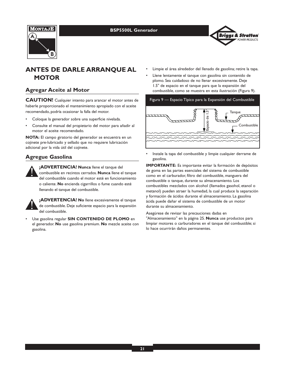 Antes de darle arranque al motor | Briggs & Stratton AC GENERATOR bsp5500l User Manual | Page 21 / 40