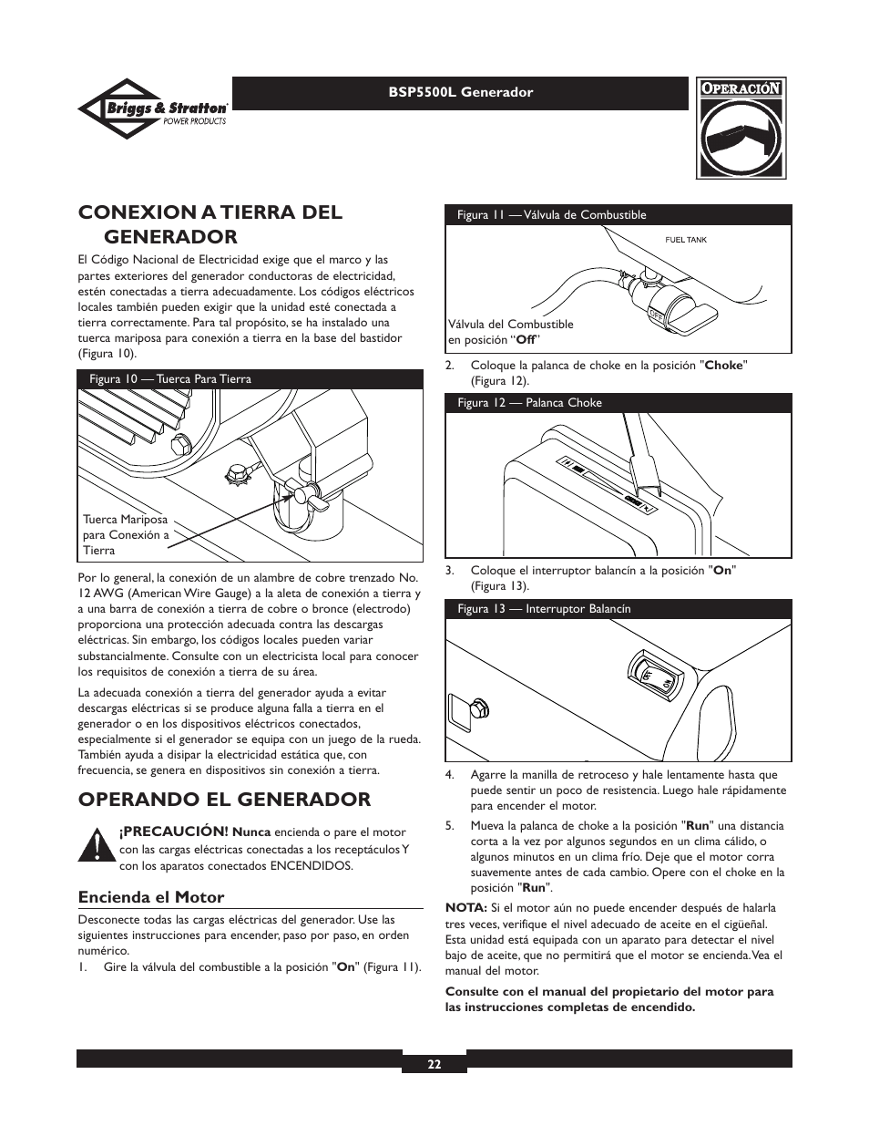 Conexion a tierra del generador, Operando el generador | Briggs & Stratton AC GENERATOR bsp5500l User Manual | Page 22 / 40