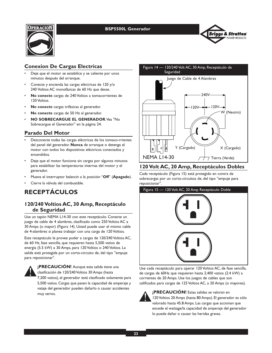 Receptáculos | Briggs & Stratton AC GENERATOR bsp5500l User Manual | Page 23 / 40