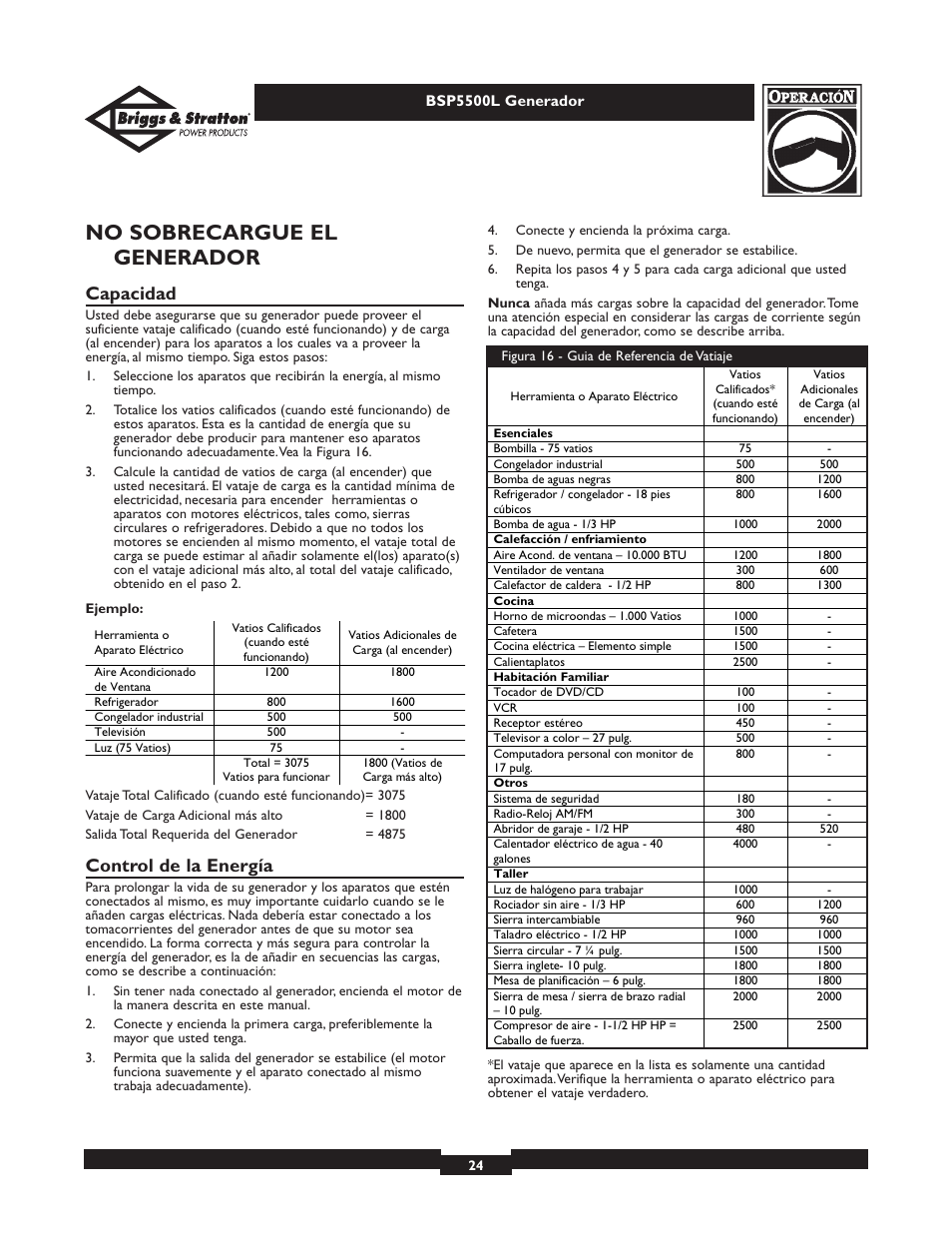 No sobrecargue el generador, Capacidad, Control de la energía | Briggs & Stratton AC GENERATOR bsp5500l User Manual | Page 24 / 40