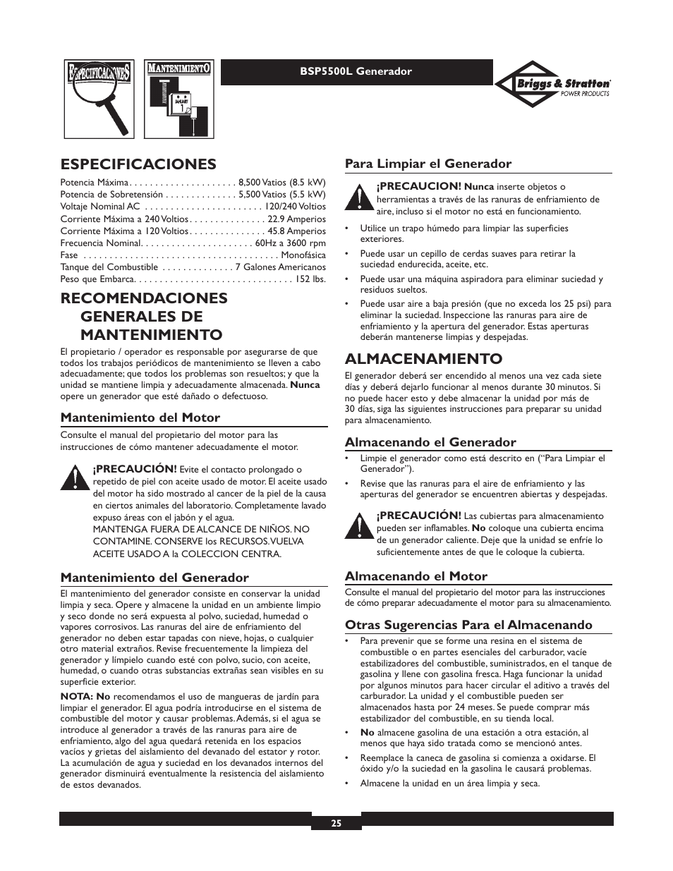 Especificaciones, Recomendaciones generales de mantenimiento, Almacenamiento | Briggs & Stratton AC GENERATOR bsp5500l User Manual | Page 25 / 40