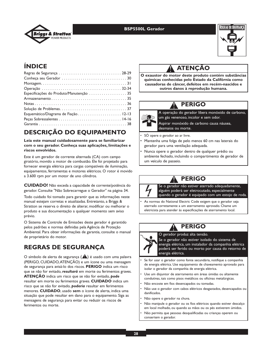 Índice, Descrição do equipamento, Regras de segurança | Atenção, Perigo | Briggs & Stratton AC GENERATOR bsp5500l User Manual | Page 28 / 40