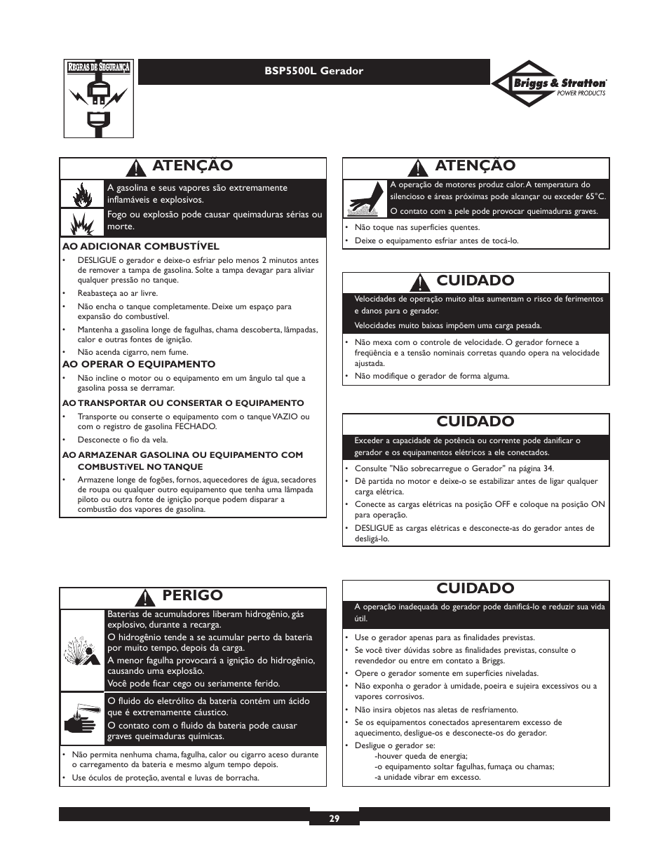 Perigo, Atenção, Cuidado | Briggs & Stratton AC GENERATOR bsp5500l User Manual | Page 29 / 40