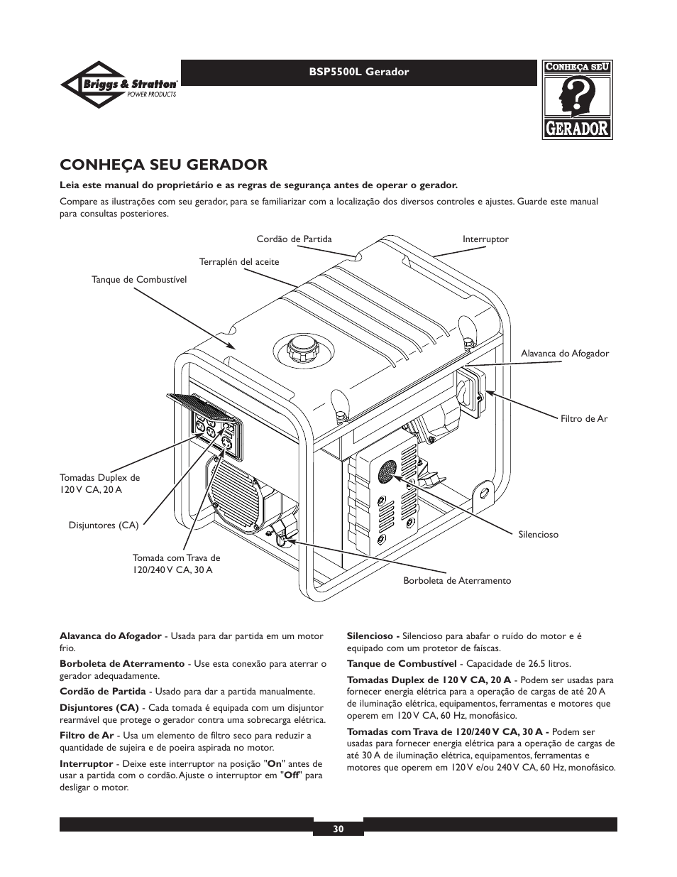 Conheça seu gerador | Briggs & Stratton AC GENERATOR bsp5500l User Manual | Page 30 / 40