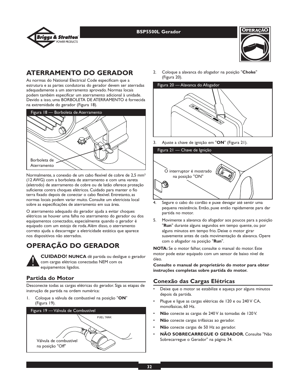 Aterramento do gerador, Operação do gerador, Partida do motor | Conexão das cargas elétricas | Briggs & Stratton AC GENERATOR bsp5500l User Manual | Page 32 / 40