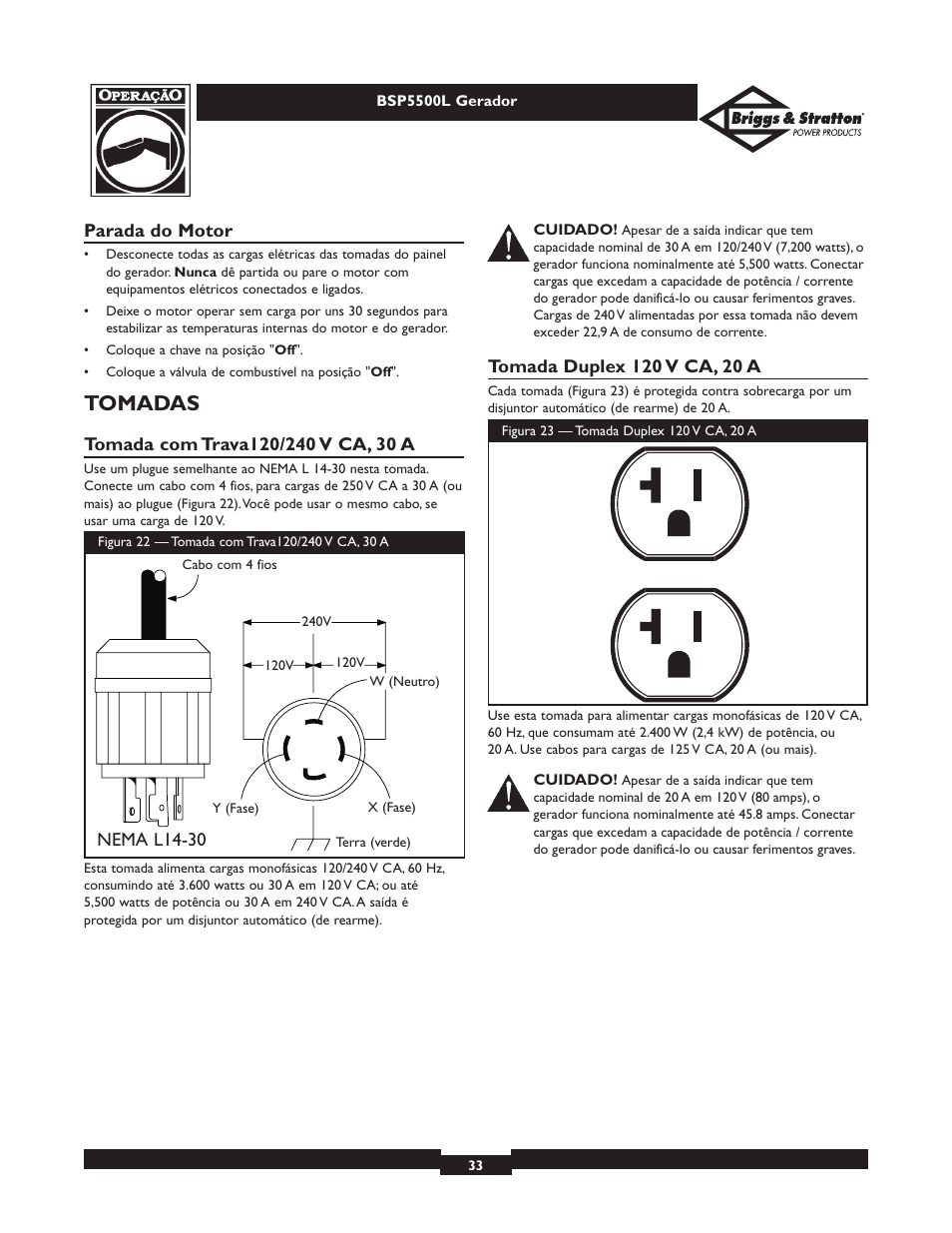 Tomadas | Briggs & Stratton AC GENERATOR bsp5500l User Manual | Page 33 / 40
