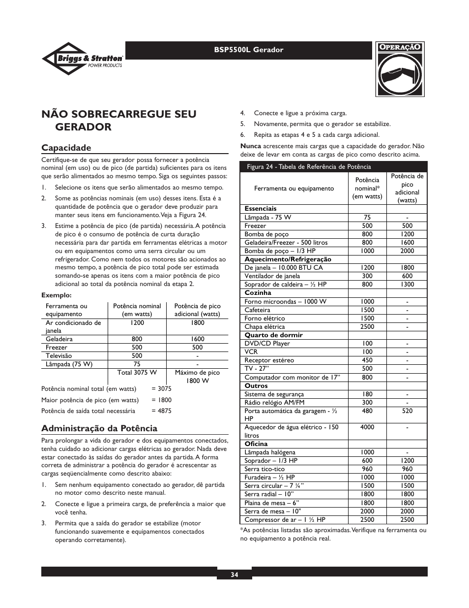 Não sobrecarregue seu gerador, Capacidade, Administração da potência | Briggs & Stratton AC GENERATOR bsp5500l User Manual | Page 34 / 40
