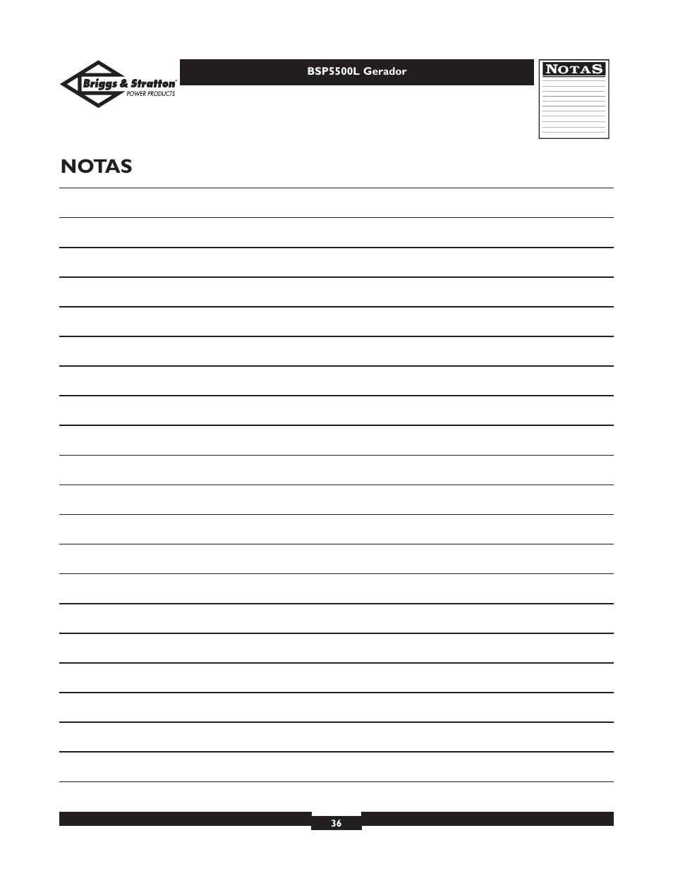 Notas | Briggs & Stratton AC GENERATOR bsp5500l User Manual | Page 36 / 40