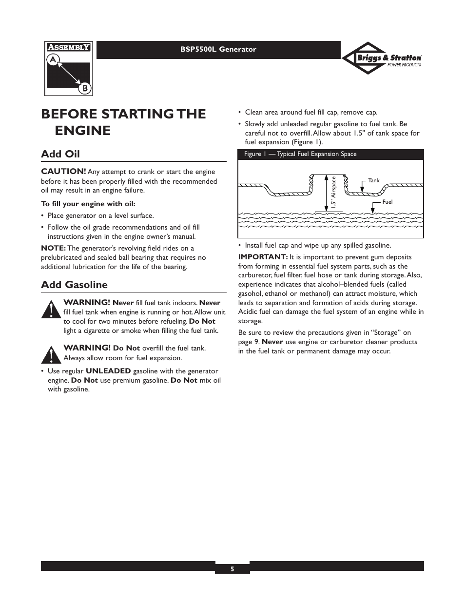 Before starting the engine, Add oil, Add gasoline | Briggs & Stratton AC GENERATOR bsp5500l User Manual | Page 5 / 40