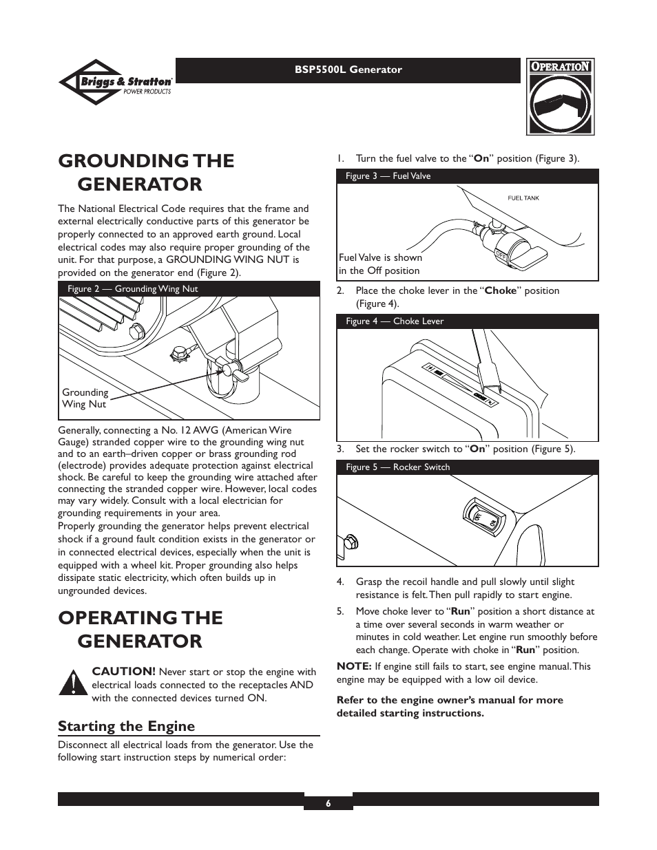 Grounding the generator, Operating the generator, Starting the engine | Briggs & Stratton AC GENERATOR bsp5500l User Manual | Page 6 / 40