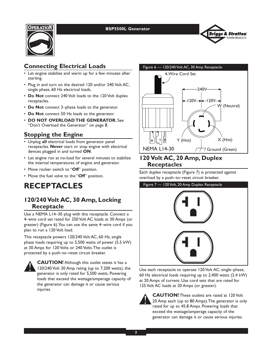 Receptacles, Connecting electrical loads, Stopping the engine | Briggs & Stratton AC GENERATOR bsp5500l User Manual | Page 7 / 40