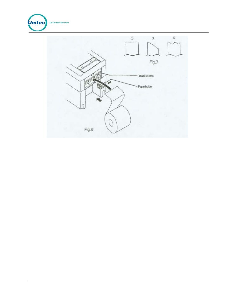 5 actuating the print functions, 6 alarm and paper near-end detection, Actuating the print functions | Alarm and paper near-end detection, Figure 7. loading the printer paper | Unitec POS4000/V2-Wash Select II User Manual | Page 107 / 133