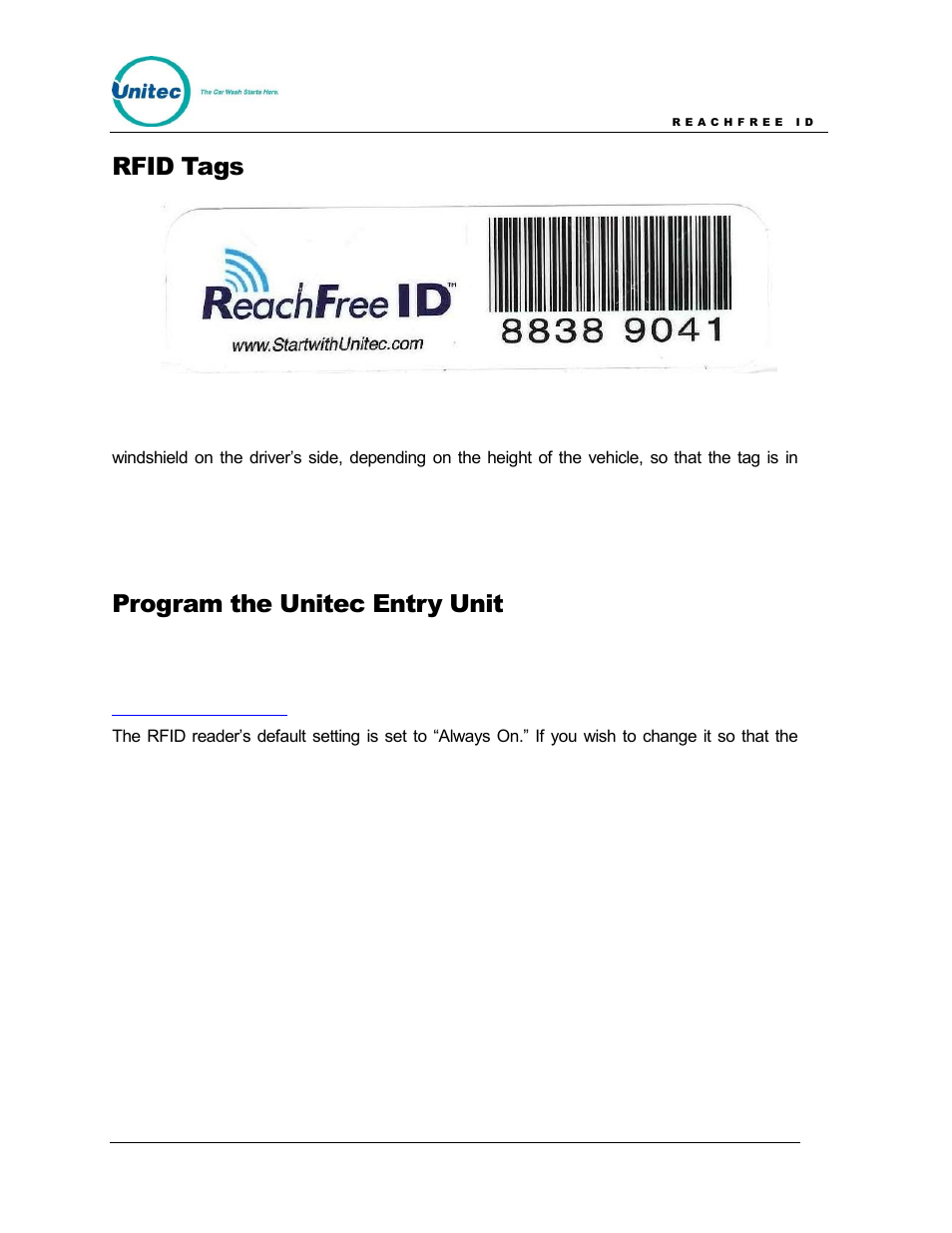 Rfid tags, Program the unitec entry unit, Figure 13. sample rfid tag | Unitec ReachFree ID for C-Start User Manual | Page 18 / 22