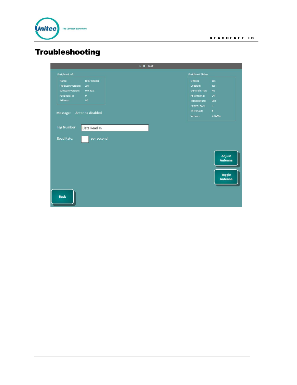 Troubleshooting, Figure 14. rfid troubleshooting screen | Unitec ReachFree ID for C-Start User Manual | Page 19 / 22