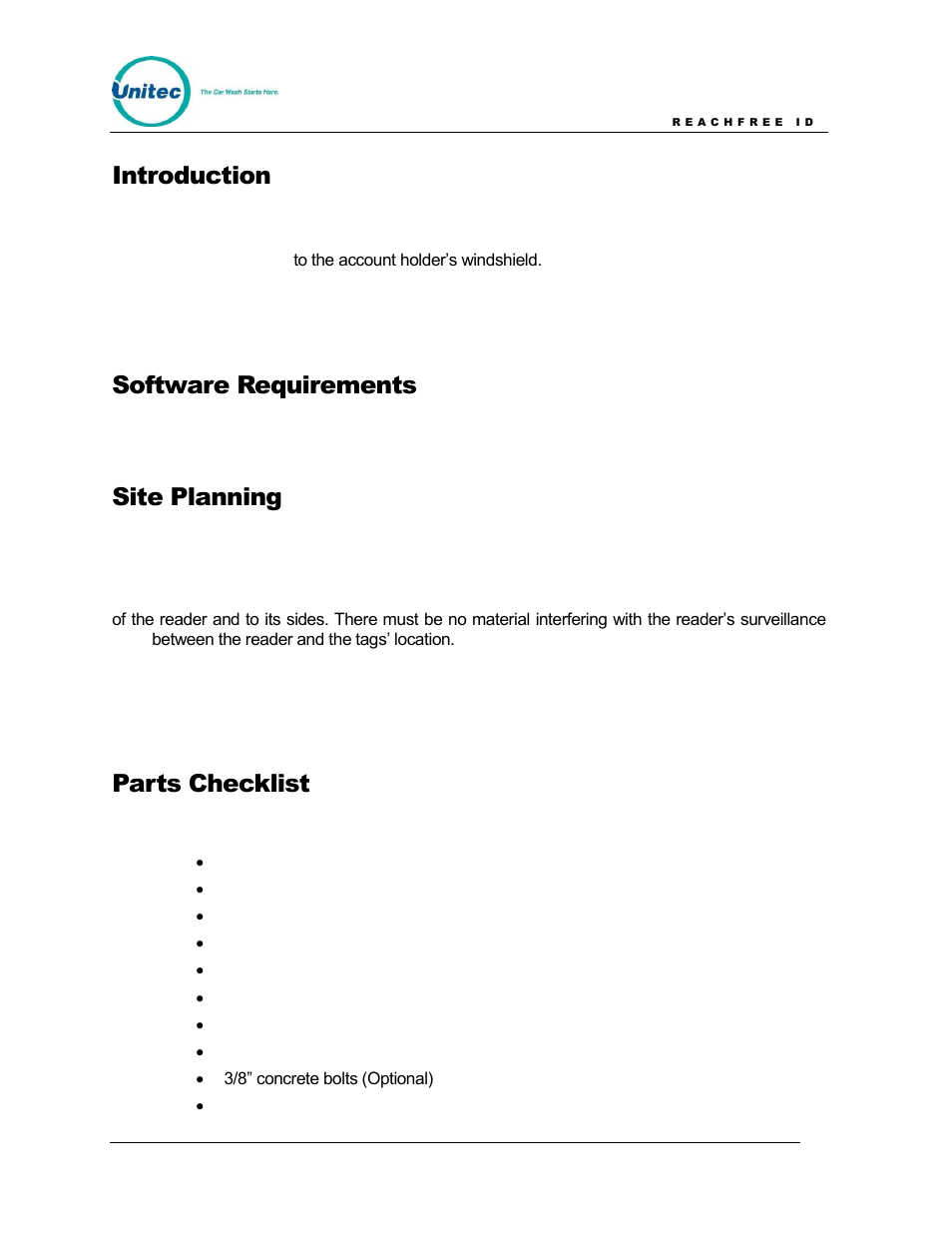Introduction, Software requirements, Site planning | Parts checklist | Unitec ReachFree ID for C-Start User Manual | Page 5 / 22