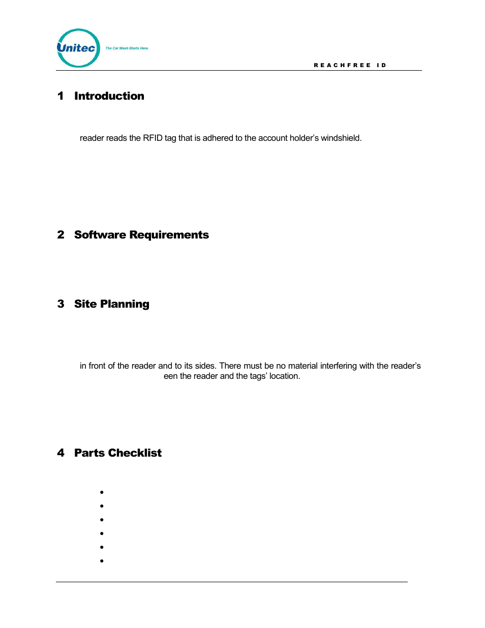 1 introduction, 2 software requirements, 3 site planning | 4 parts checklist | Unitec ReachFree ID for Wash Select II User Manual | Page 5 / 16