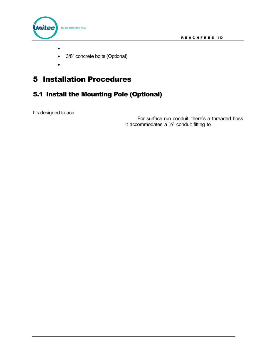 5 installation procedures, 1 install the mounting pole (optional) | Unitec ReachFree ID for Wash Select II User Manual | Page 6 / 16