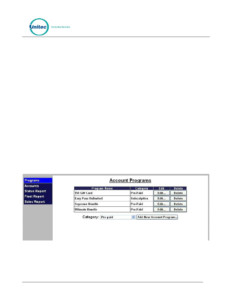 3 fleet accounts, 4 account programs, Fleet accounts | Account programs, Figure 3. account program screen | Unitec WashPay User Manual | Page 14 / 46
