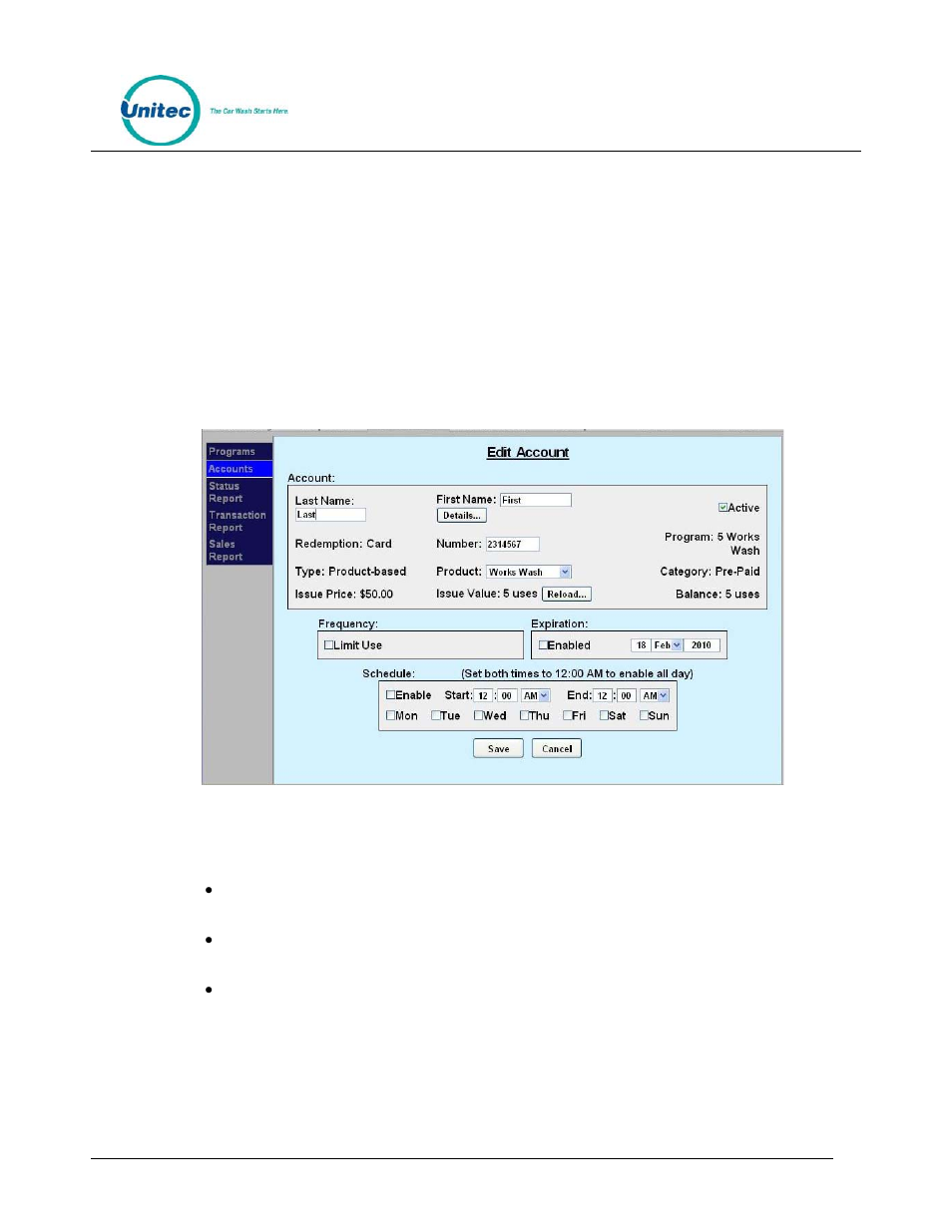 5 accounts, 1 prepaid and subscription accounts, 2 fleet accounts | Accounts, Prepaid and subscription accounts, Fleet accounts, Figure 5. prepaid account edit screen | Unitec WashPay User Manual | Page 17 / 46