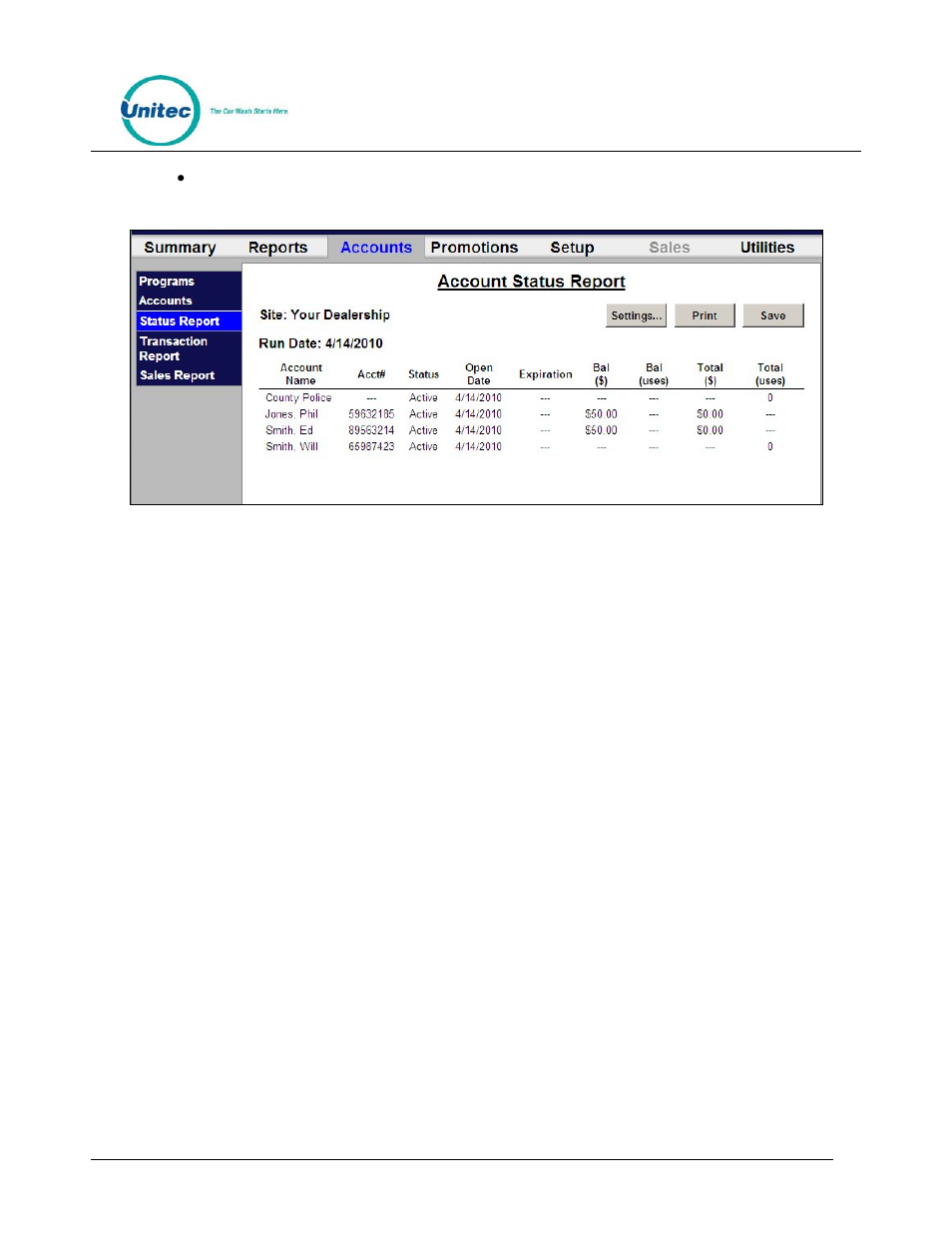 Figure 8. sample house account status report | Unitec WashPay User Manual | Page 20 / 46