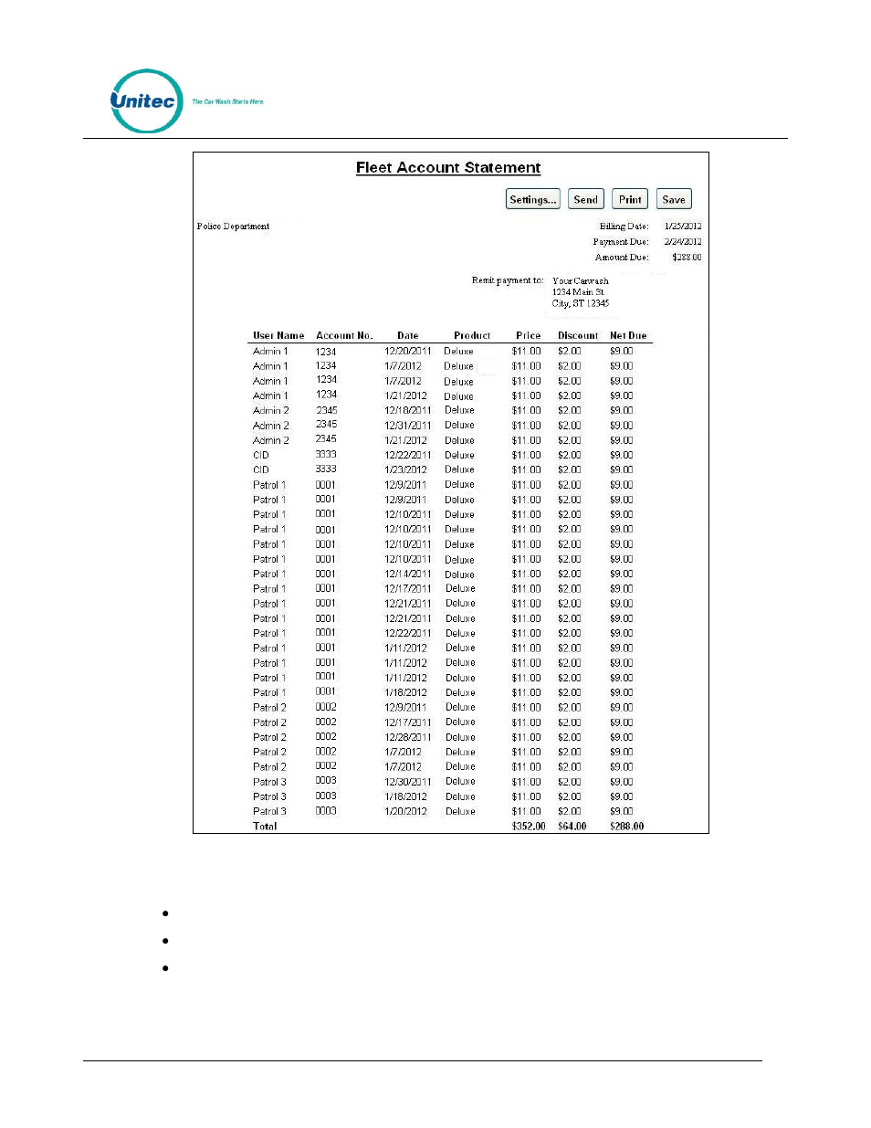 Figure 9. sample house account fleet report | Unitec WashPay User Manual | Page 21 / 46