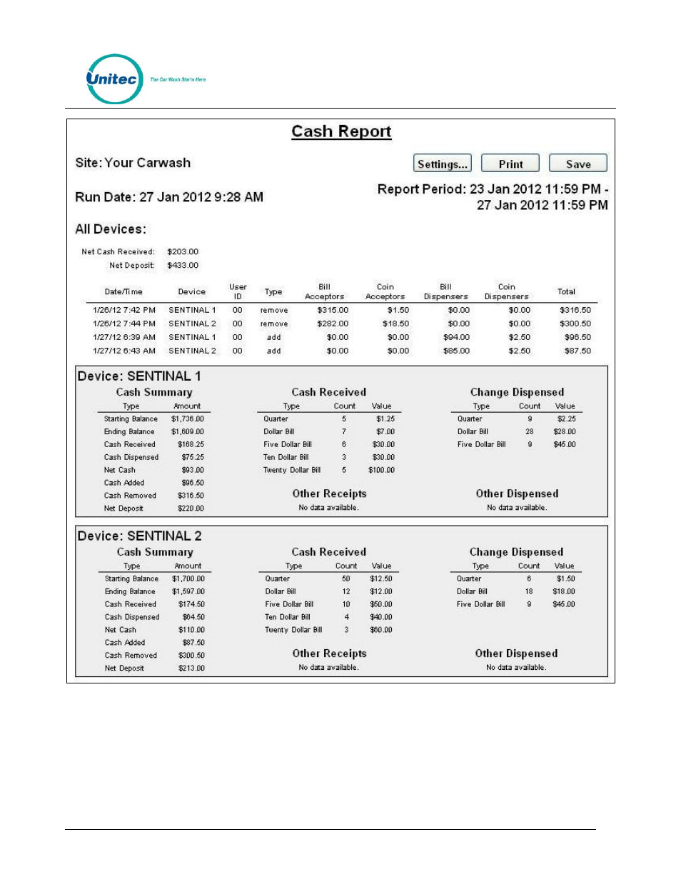 Figure 14. sample cash report | Unitec WashPay User Manual | Page 29 / 46