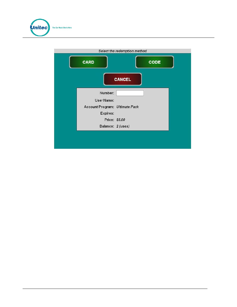 Figure 21. account purchase, Select code or card, Enter the account number | Enter the account holder’s name, Click purchase to finalize the account purchase | Unitec WashPay User Manual | Page 36 / 46