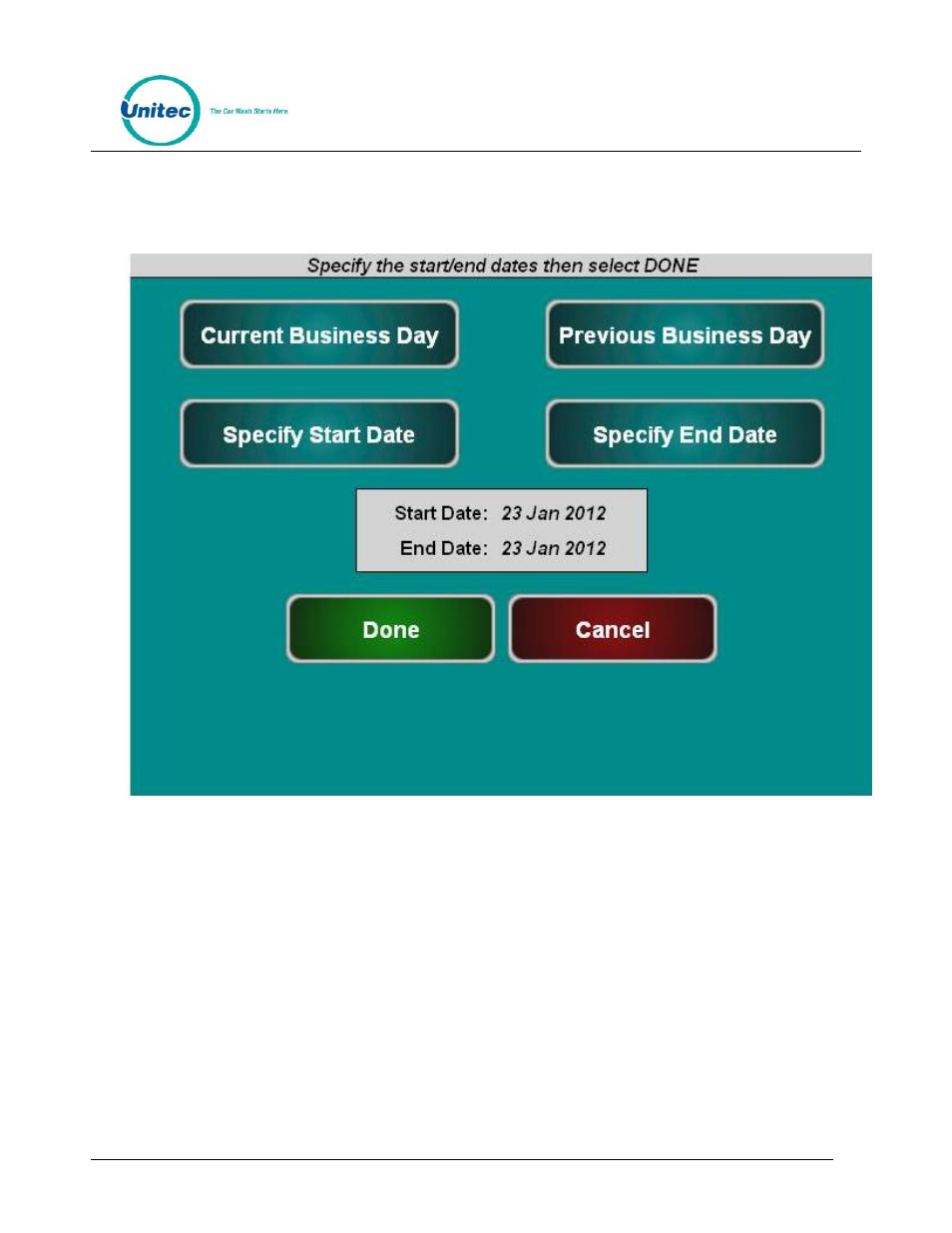 Figure 26. report date selection screen | Unitec WashPay User Manual | Page 39 / 46