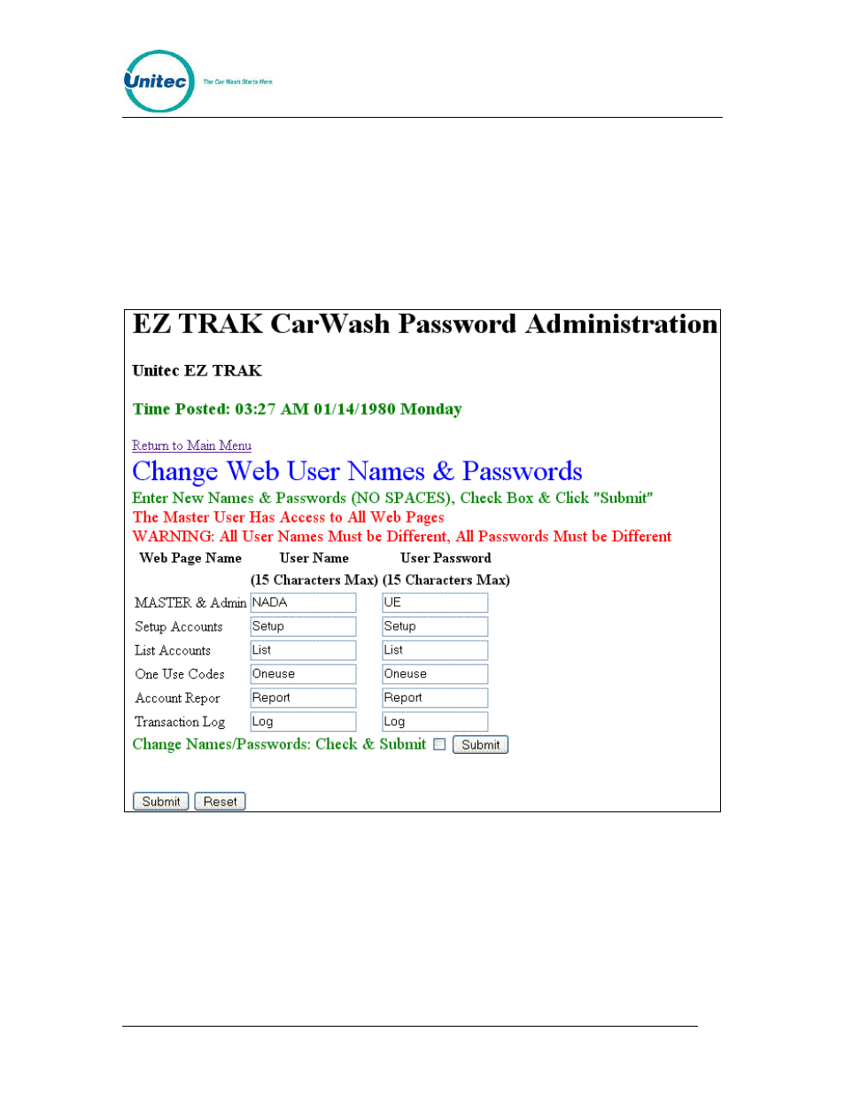 4 reset system clock, 7 password administration, Reset system clock | Password administration, Figure 13. password administration screen | Unitec EZ Trak User Manual | Page 24 / 31