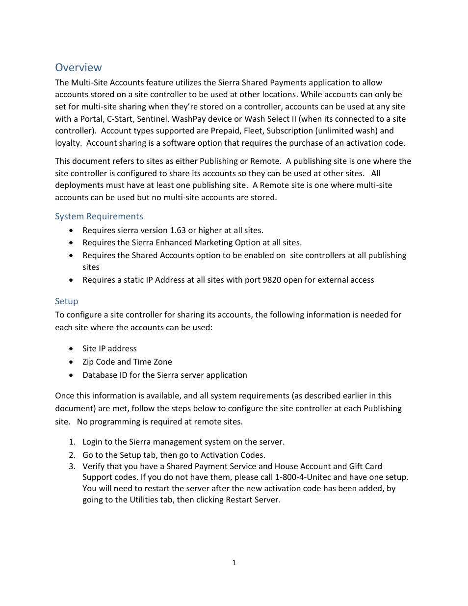 Overview, System requirements, Setup | Unitec Multi-Site Accounts User Manual | Page 3 / 9