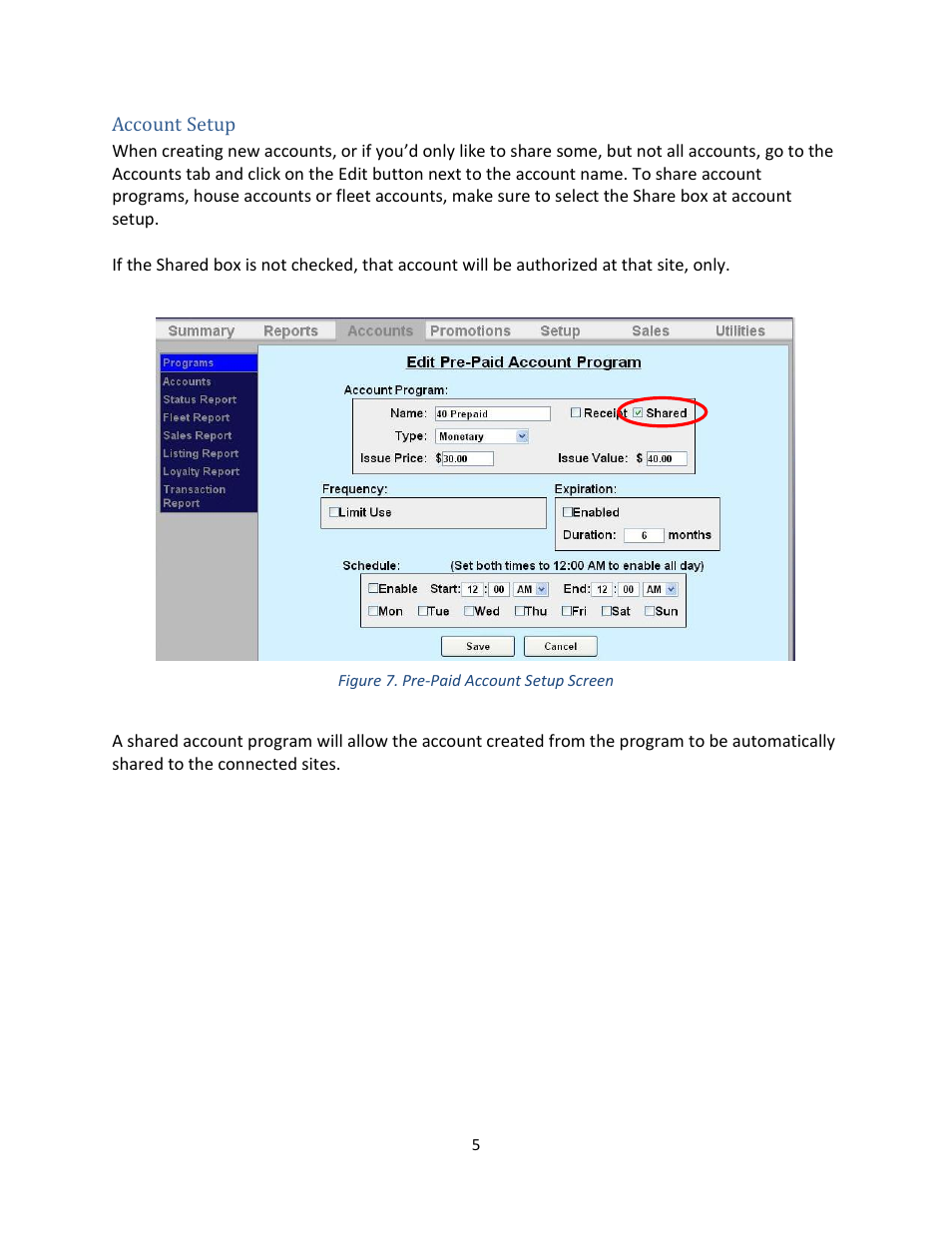 Account setup, Figure 7. pre-paid account setup screen | Unitec Multi-Site Accounts User Manual | Page 7 / 9