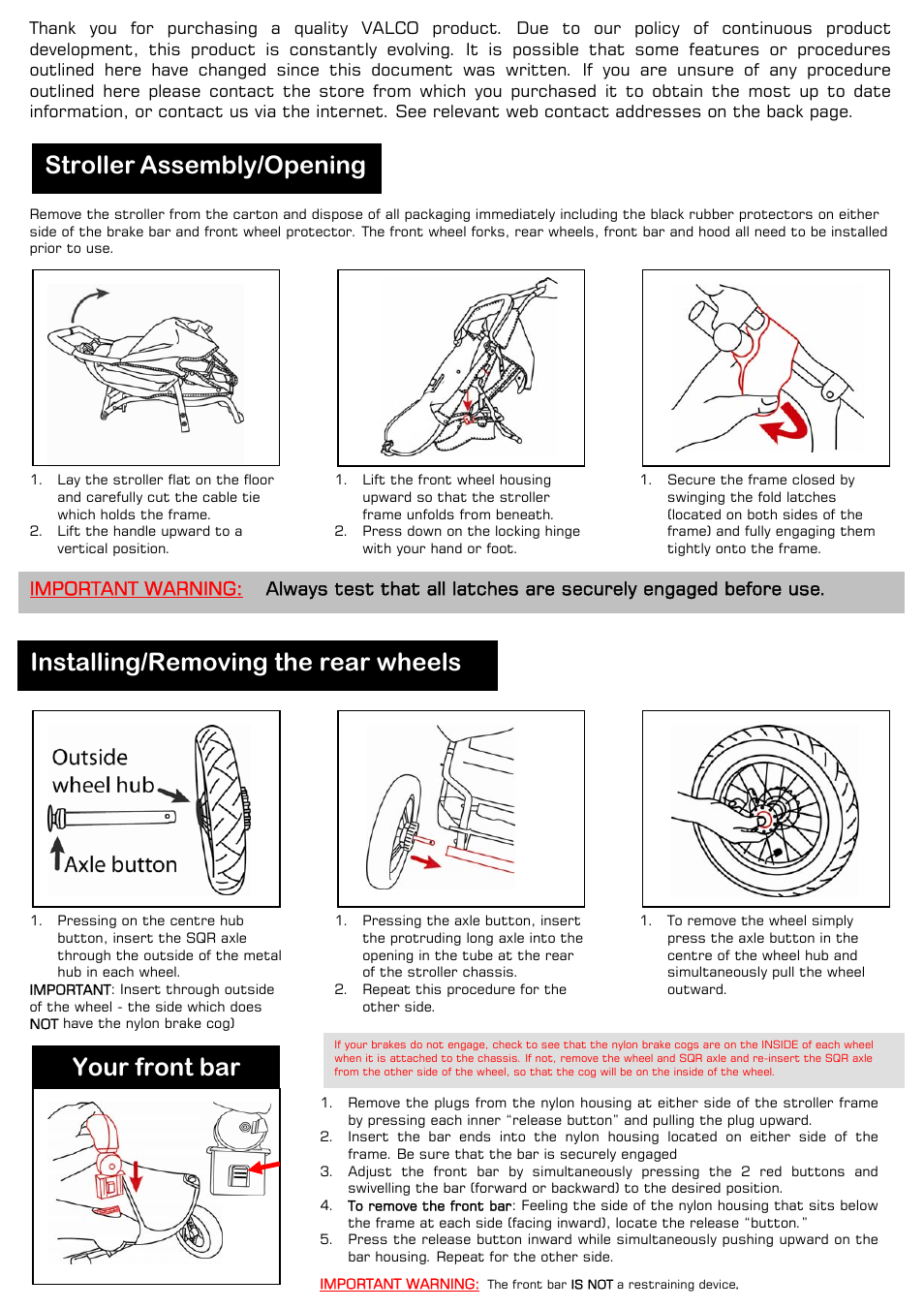 Stroller assembly/opening, Installing/removing the rear wheels, Your front bar | Valco Baby Tri-mode EX User Manual | Page 2 / 8