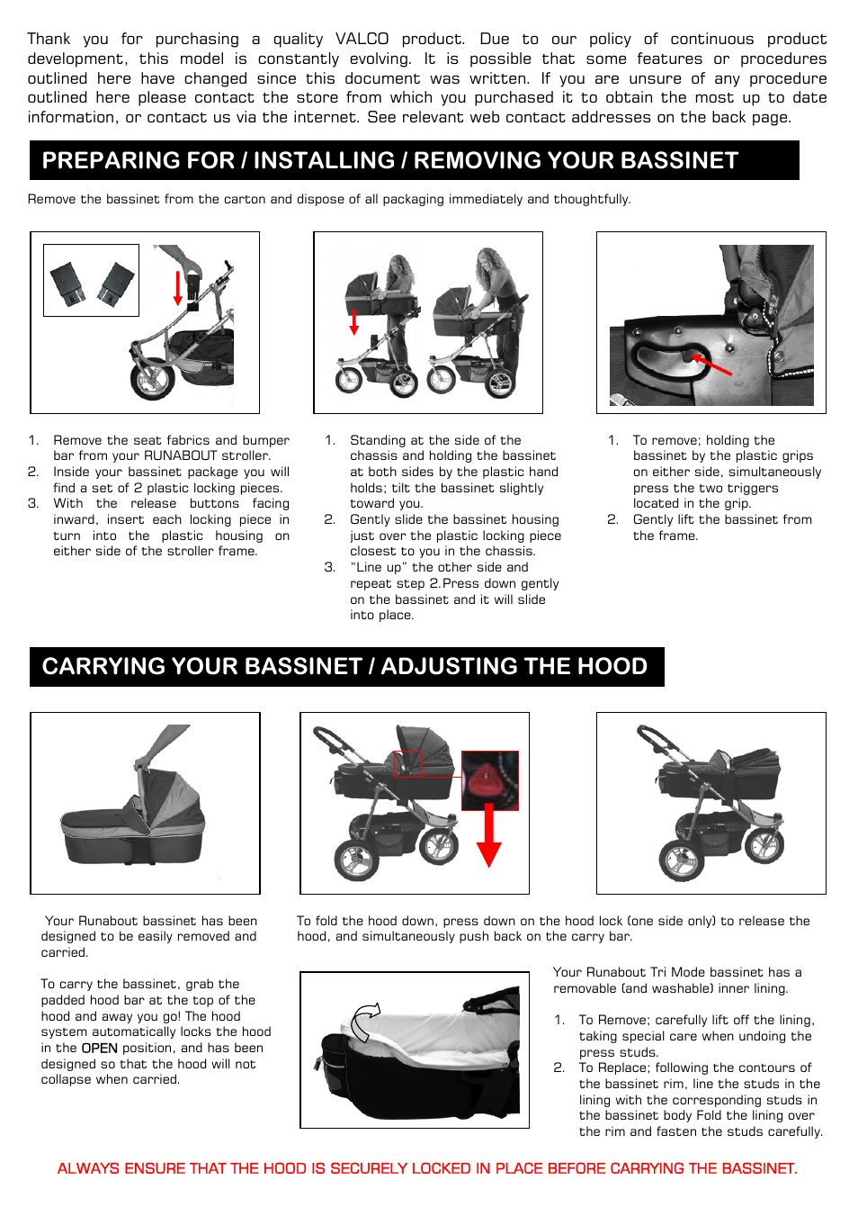 Carrying your bassinet / adjusting the hood | Valco Baby Bassinet User Manual | Page 2 / 4