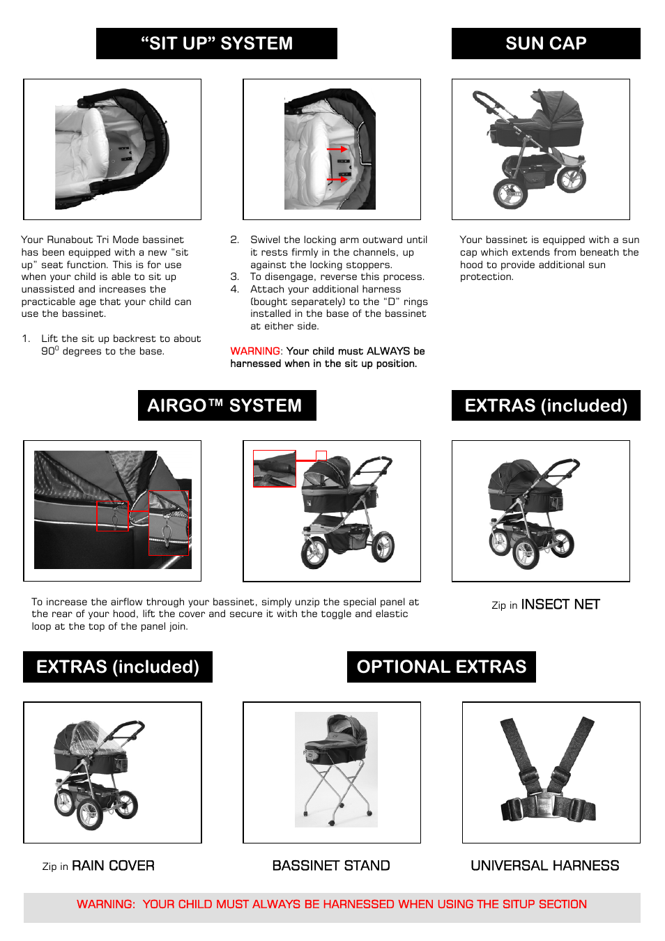 Sit up” system sun cap, Airgo™ system extras (included), Extras (included) optional extras | Valco Baby Bassinet User Manual | Page 3 / 4