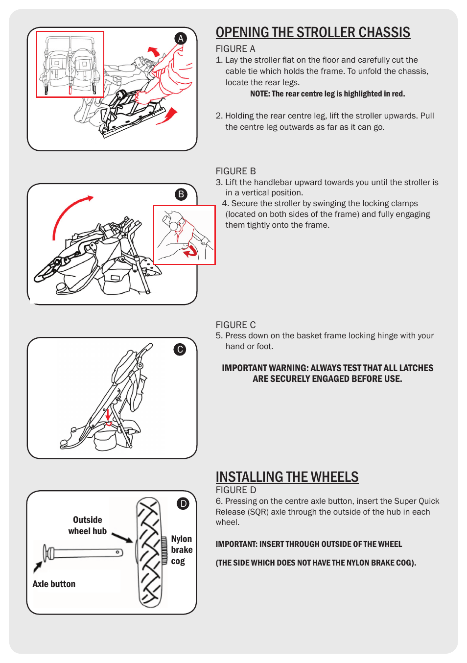 Opening the stroller chassis, Installing the wheels | Valco Baby Tri Mode Twin SE User Manual | Page 2 / 8