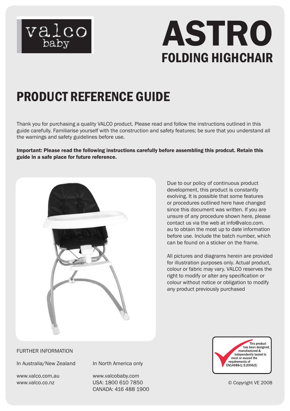 Valco Baby Astro High Chair User Manual | 4 pages