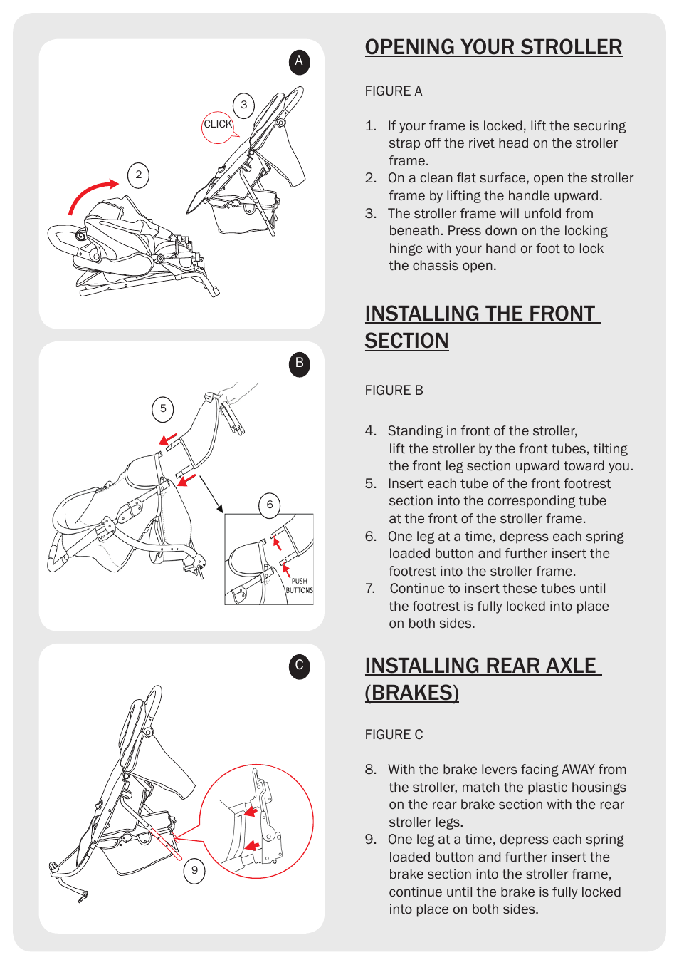 Opening your stroller, Installing rear axle (brakes) | Valco Baby Matrix User Manual | Page 2 / 7