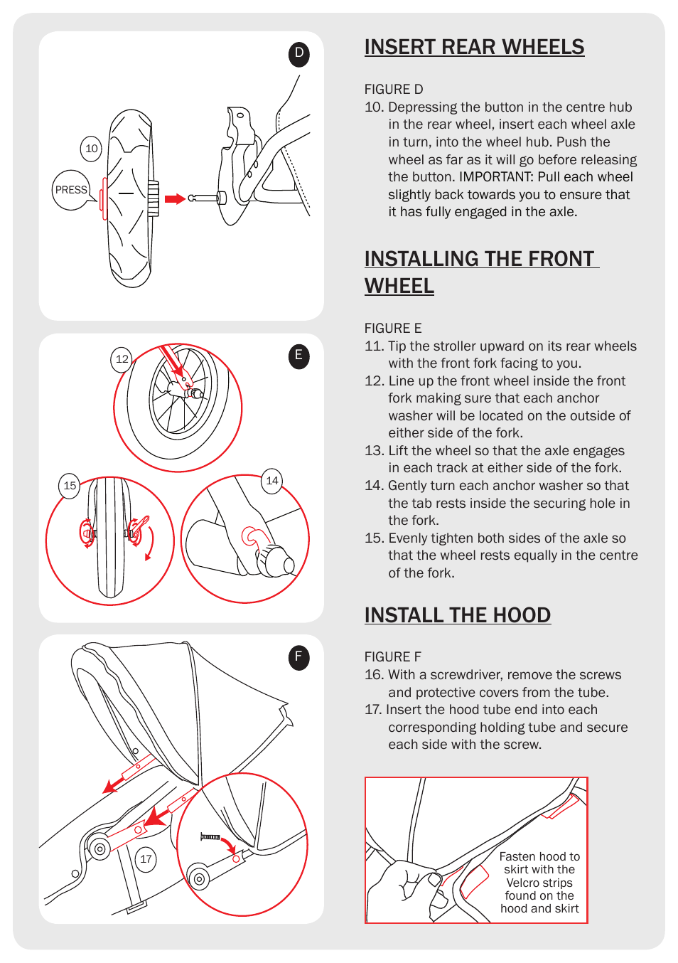 Insert rear wheels, Installing the front wheel, Install the hood | Valco Baby Matrix User Manual | Page 3 / 7