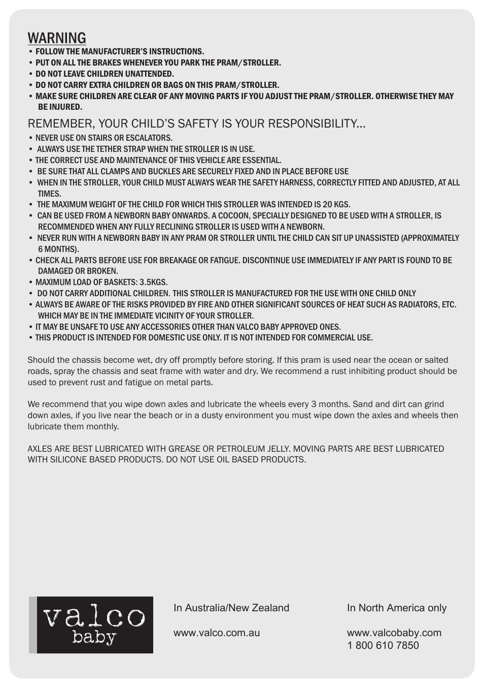Valco, Baby, Warning | Valco Baby Matrix User Manual | Page 7 / 7
