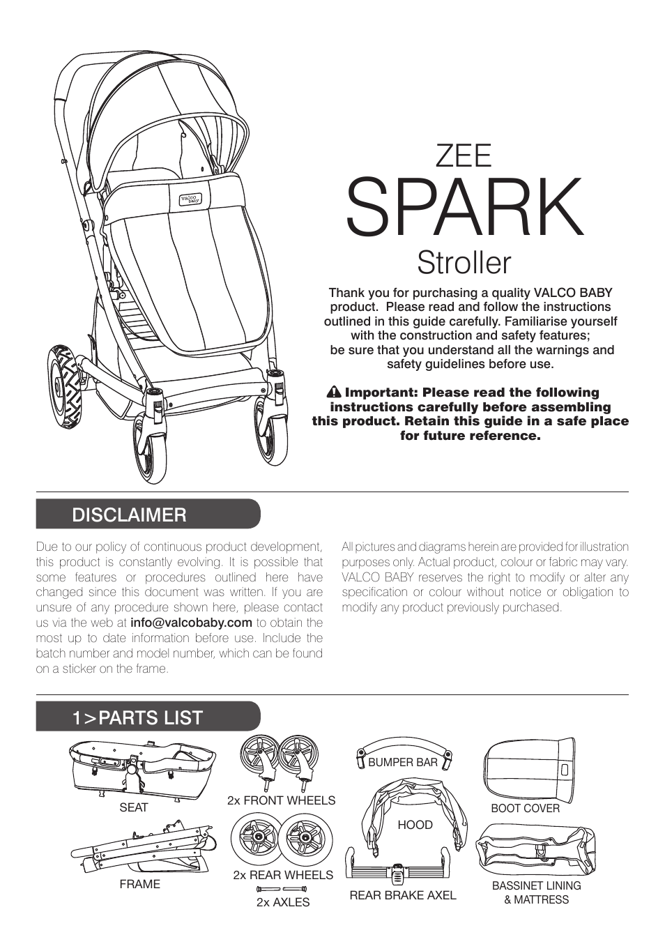 Spark, Stroller, 1>parts list disclaimer | Valco Baby Spark User Manual | Page 2 / 8