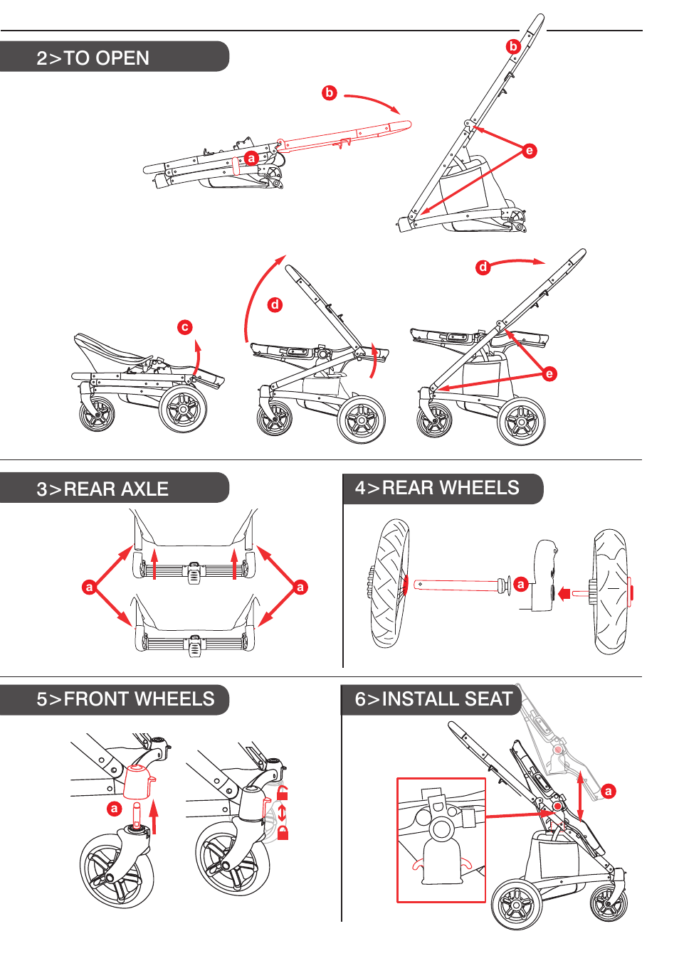 2>to open, 5>front wheels 6>install seat, 3>rear axle 4>rear wheels | Valco Baby Spark User Manual | Page 3 / 8